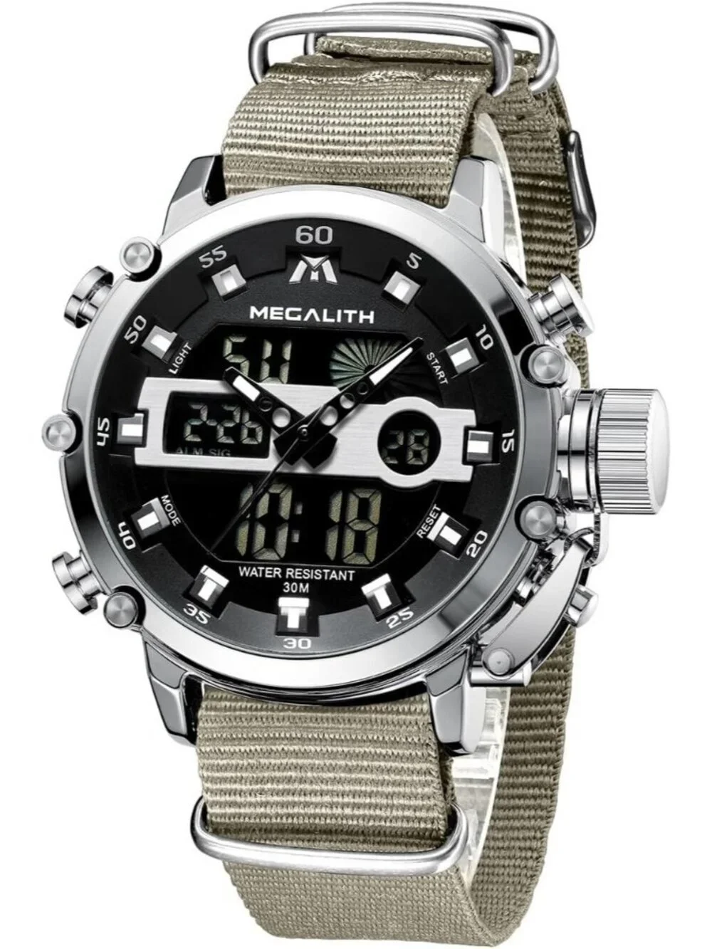 Men's Khaki Analog Quartz Nylon Strap Waterproof Multifunction Digital Watch